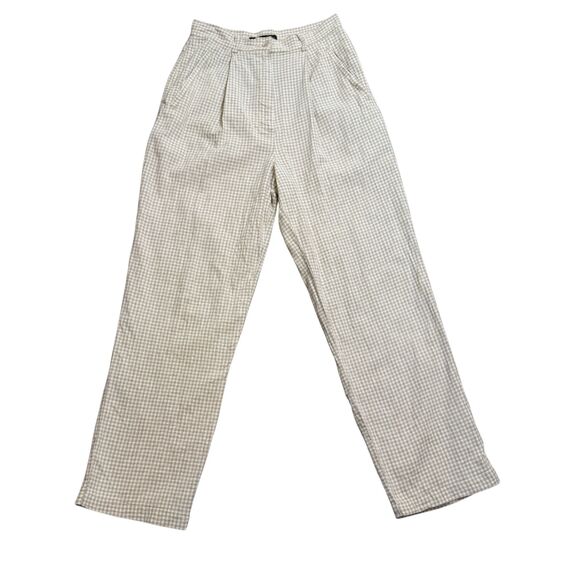 Savannah Pants - Vtg Linen/Cotton High Waist Tan White Pleat Front Gingham Pants Fits Sz S Cottag